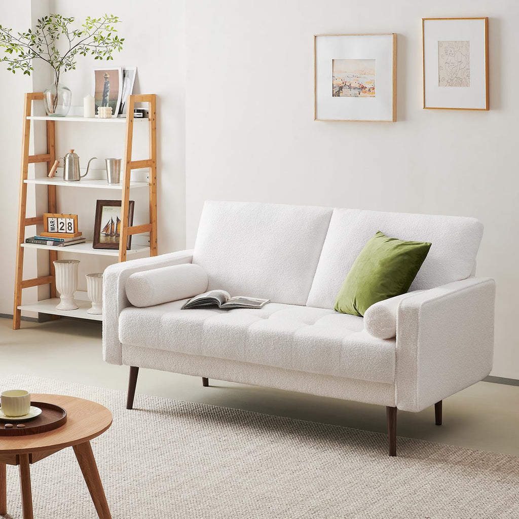 Vonanda Faux Leather Sofa Couch, Mid-Century 73 Inch 3 Seater Leather Couch with Hand-Stitched Comfort Cushion and Bolster Pillows for Living Room,Elegant Cognac Tan