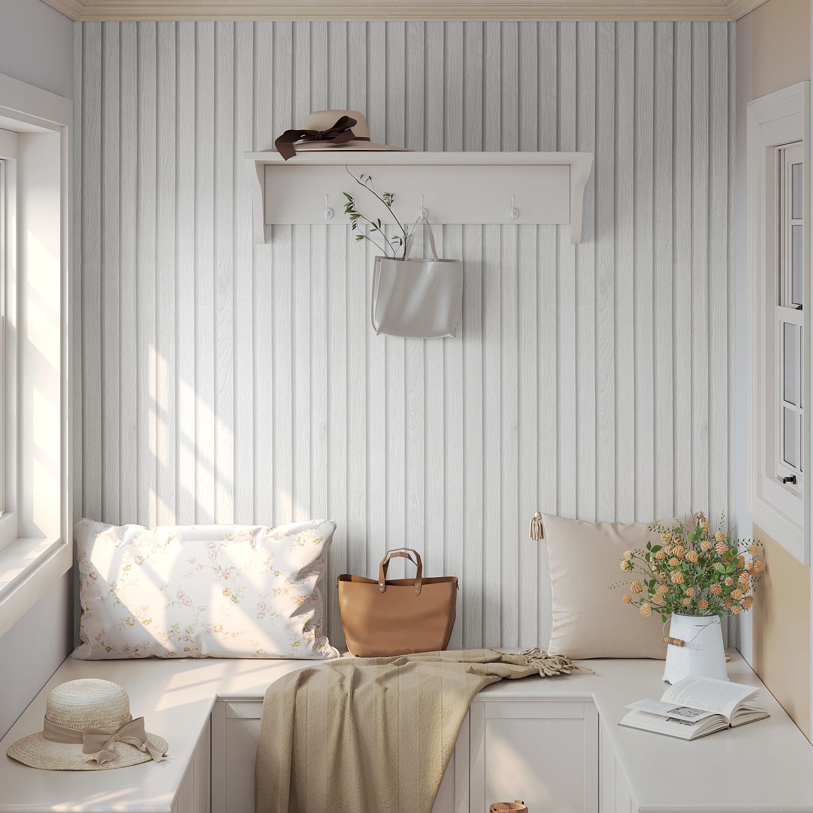 VEELIKE 15.7''x118'' Ahşap Şerit Yapışkan Duvar Kağıdı Beyaz Beadboard Duvar Kağıdı Banyo Yatak Odası için Su Geçirmez Çıkarılabilir Şerit Duvar Kağıdı Yapışkan Ahşap Temas Kağıdı Duvarlar, Tezgahlar, Dolaplar için