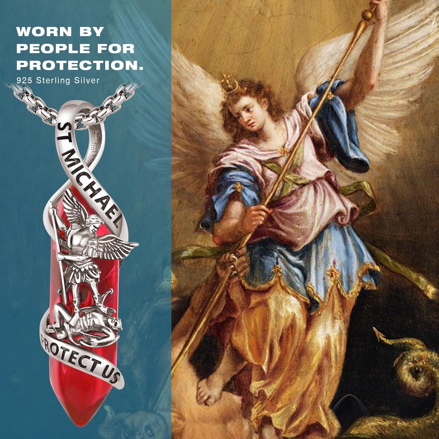 St Michael Necklace 925 Sterling Silver Archangel Michael Pendant Healing Crystal Point Saint Michael Necklace Amulet Protection Catholic Jewelry for Men Women
