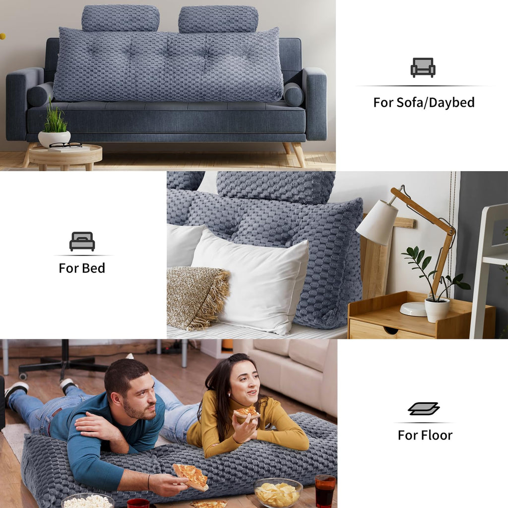 EUHAMS Wedge Headboard Pillow - Bed Wedge Pillow for Headboard Triangular Headboard Pillow with Neck Roll Pillow-Large Bolster for Sitting in Bed Backrest Positioning Support (Grey,59x8x20 Inches) - Grand Goldman