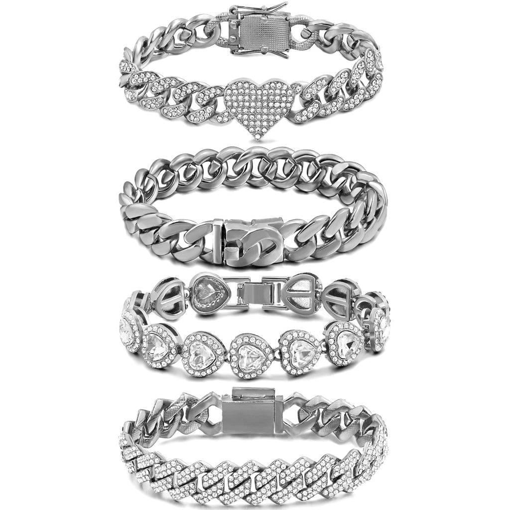 4PCS Gold Bracelets for Women Silver Clustered Tennis Bracelet for Women Heart Round Diamond Cuban Bracelet Layered Link Bracelet Set Fashion Jewelry for Women Set
