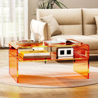 Acrylic Coffee Table for Living Room Clear Rectangle Lucite Table with Open Storage Shelf, Orange
