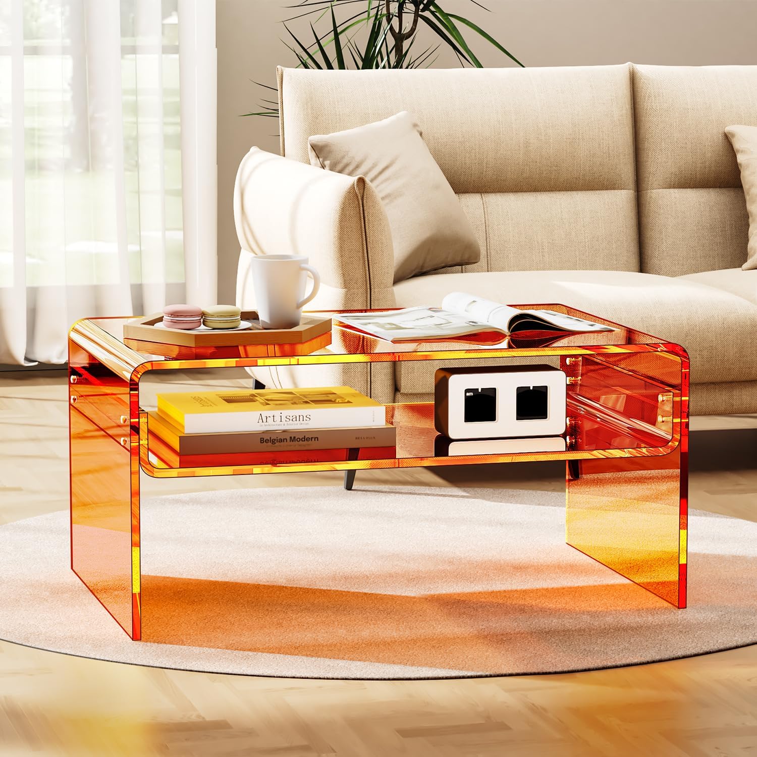 Acrylic Coffee Table for Living Room Clear Rectangle Lucite Table with Open Storage Shelf, Orange