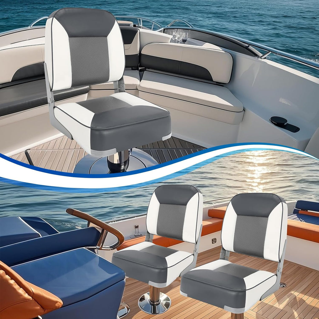Boat Seats 2 Pack, Skureay Low/High Back Fishing Folding Boat Seat Waterproof Captain Boat Chair，Boatseat 2 Pack Suitable for Jon/Pontoon/Canoe/Bass Tracker Boat seats-UNIQUE Color Design (Gray/White)