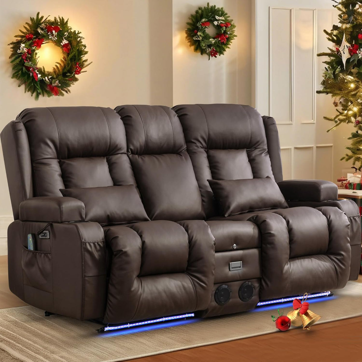 TUNYI Power Loveseat Recliner Sofa with Massage & Heat Home Theater Seating with Console Electric Recliner RV Sofa with USB/Outlet/Storage/Side Pocket/LED Light/Speaker (Brown, Loveseat)