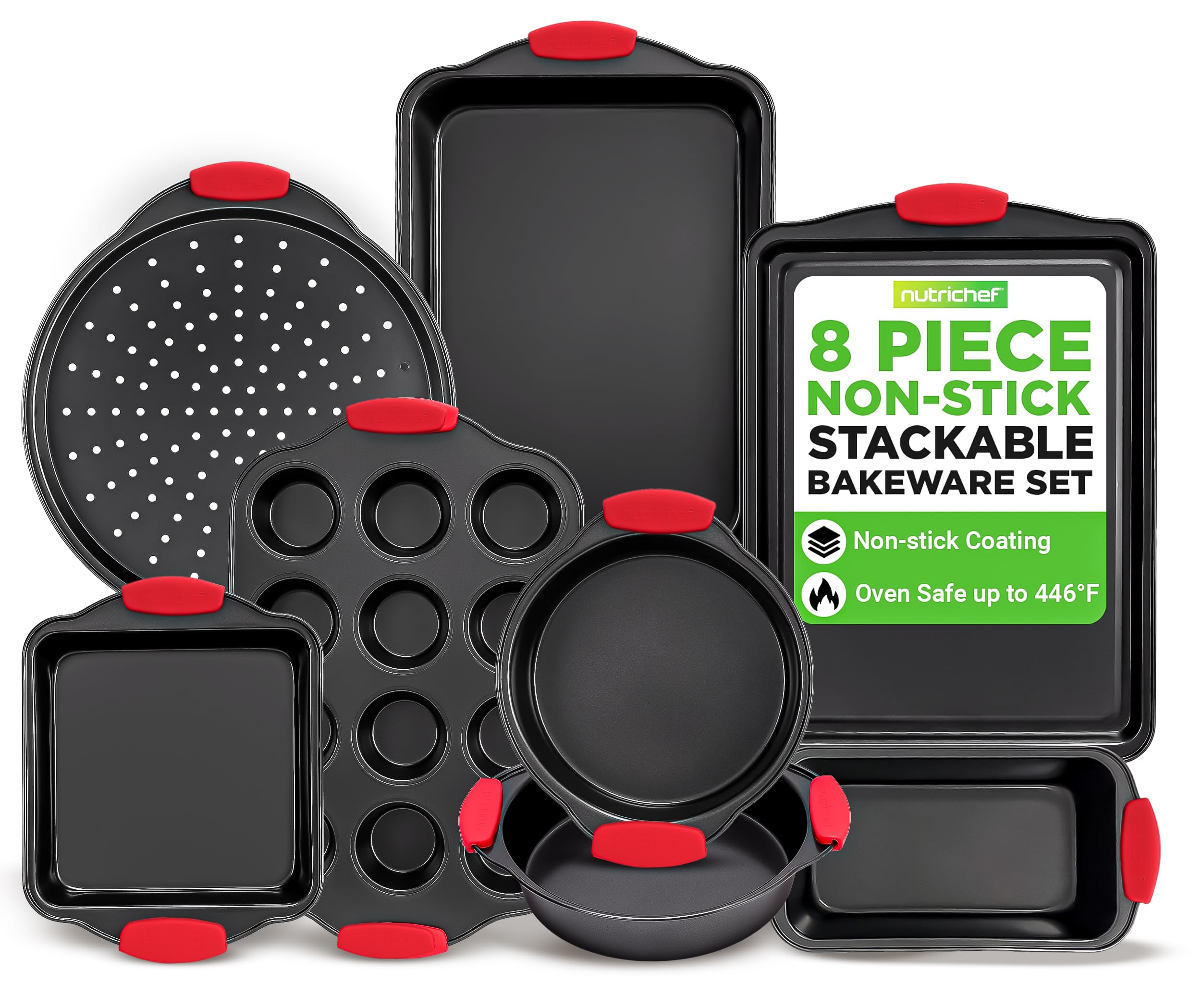 NutriChef 3-Piece Nonstick Kitchen Oven Baking Pans - Premium & Stylish Non-Stick Steel, Commercial Grade Restaurant Quality Metal Bakeware with Red Silicone Handles - Easy to Clean, NCSBS3S