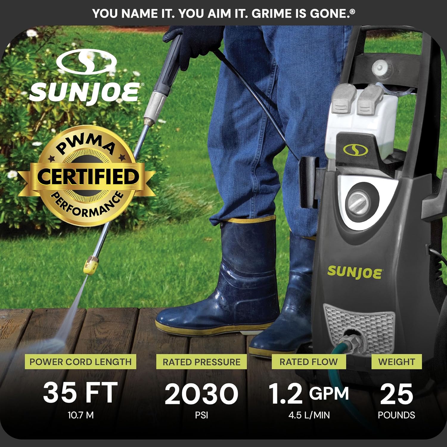 Sun Joe Electric Pressure Power Washer, 2030 PSI (PWMA Certified), 1.2 GPM, Dual Soap Tanks, (35-FT GFCI Water-Safe, Power Cord), SPX3000