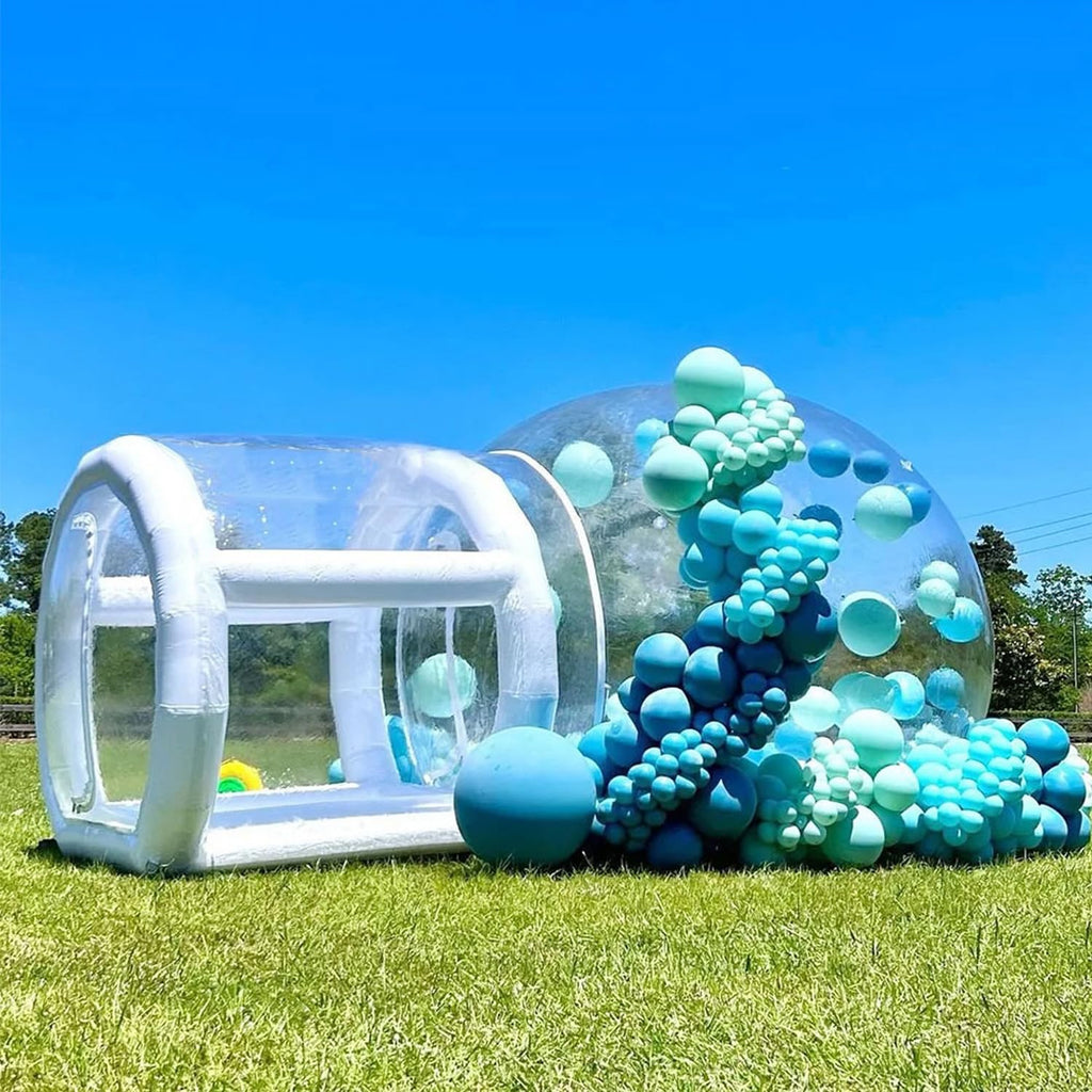 10FT aufblasbare Bubble-Haus-Kuppel für Kinder, klares PVC aufblasbares Bubble-Haus-Zelt mit Tunnel, Bubble-Ballon-Haus mit 800W Luftgebläse, 600W Luftpumpe mit 50 Ballons aufblasbare Kuppel für Party