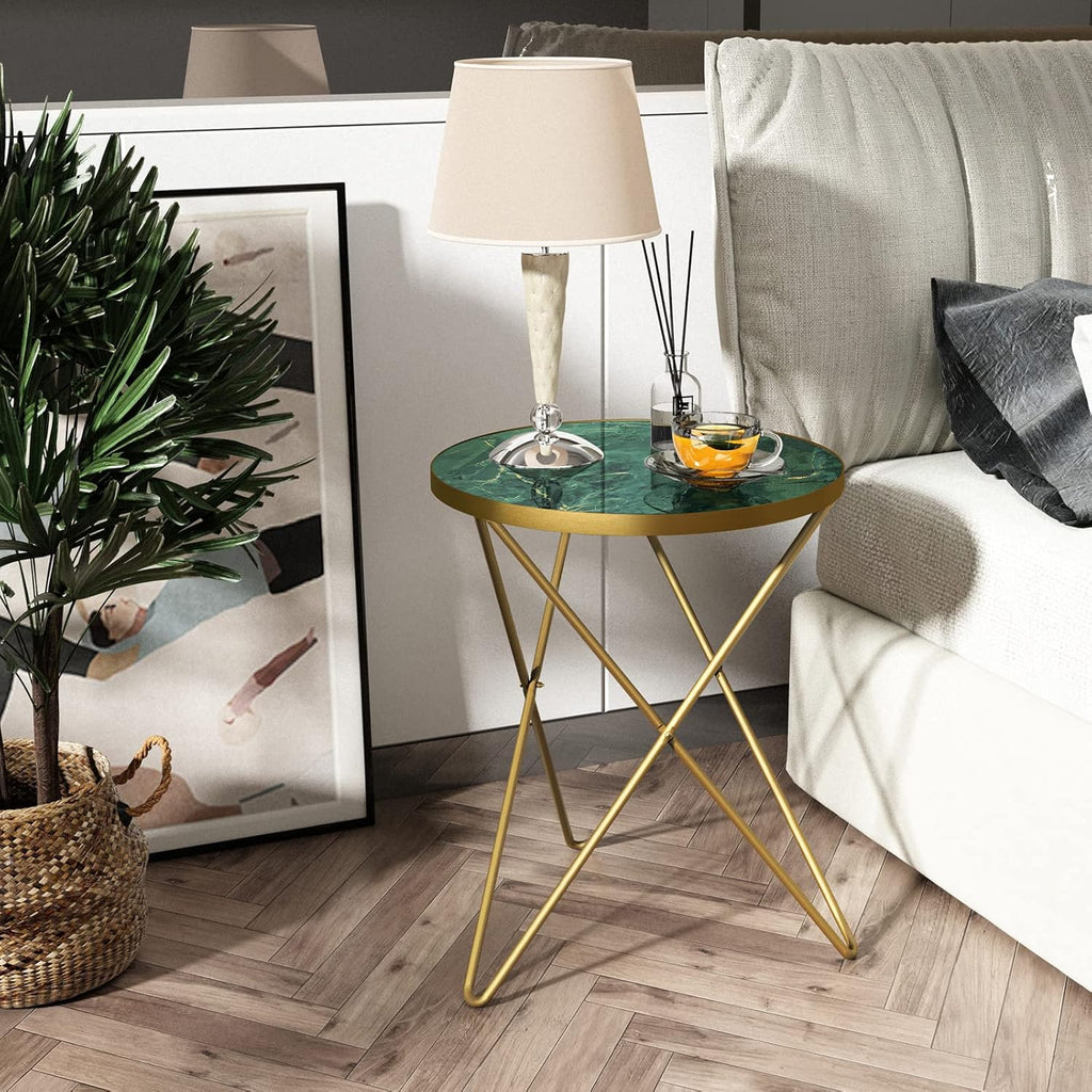 HLR Modern Round Side Table, End Table with Marble Effect Top and Gold Metal Frame, Small Side Table for Living Room, Bedroom, Sofa and Couch, Gold Legs, Green Marble top