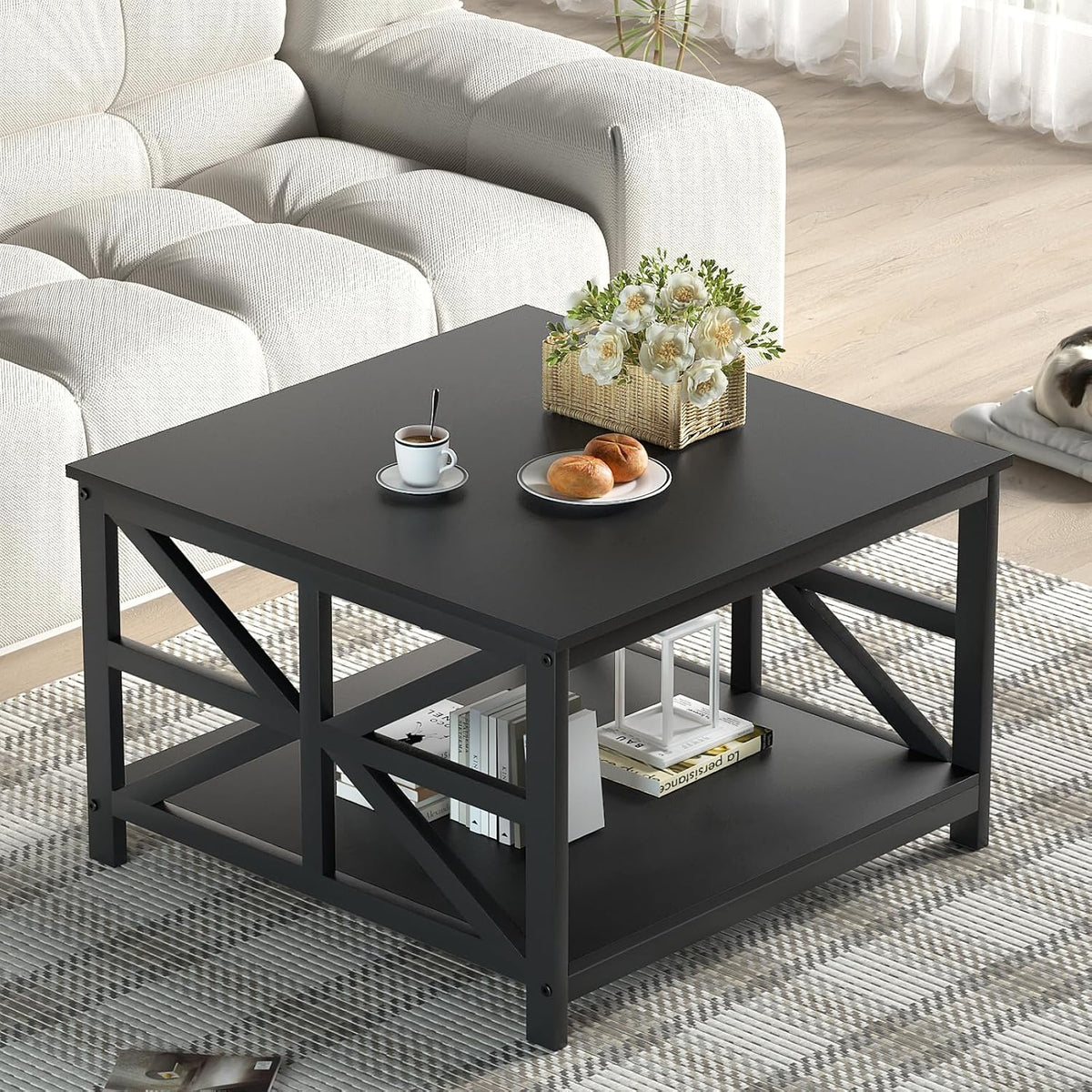 GreenForest Coffee Table with Storage for Living Room, Small Square Center Tables with Seamless One-Piece Tabletop Farmhouse Style, Black