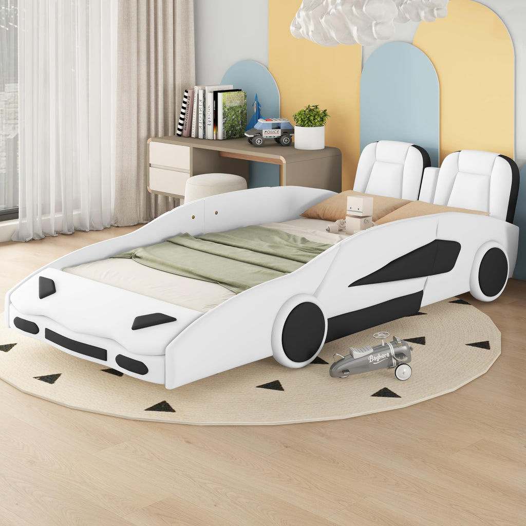 Tweepersoons Autobedd Frame voor Jongens, Raceauto Bed met Wielen, Kinder Tweepersoons Autobed, Raceauto-vormig Kinder Tweepersoons Bed met Veiligheidsbeugel, Wit