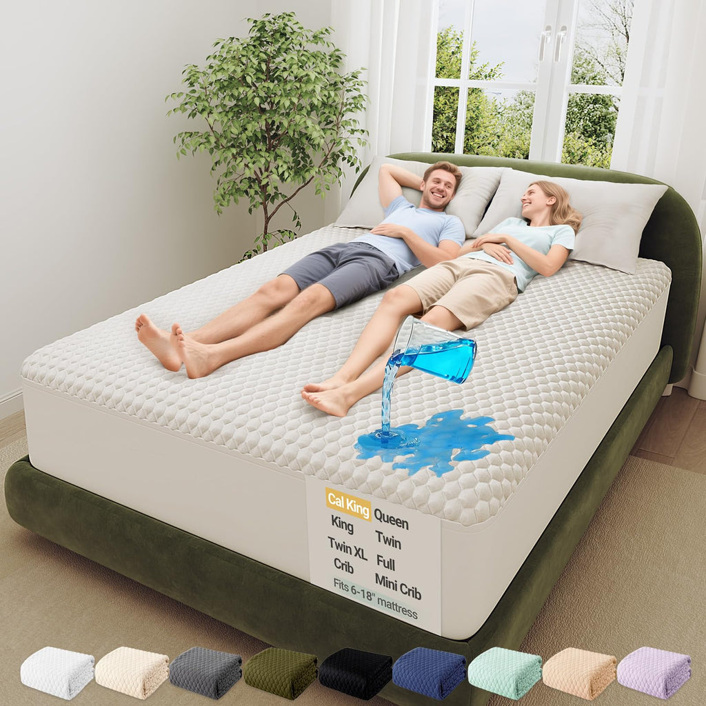 OhGeni 100% Waterproof Queen Size Mattress Protector,Soft Mattress Pad, Cooling Breathable Fitted Sheets,Washable Bed Cover,Non-Slip Deep Pocket,Noiseless for Bedroom