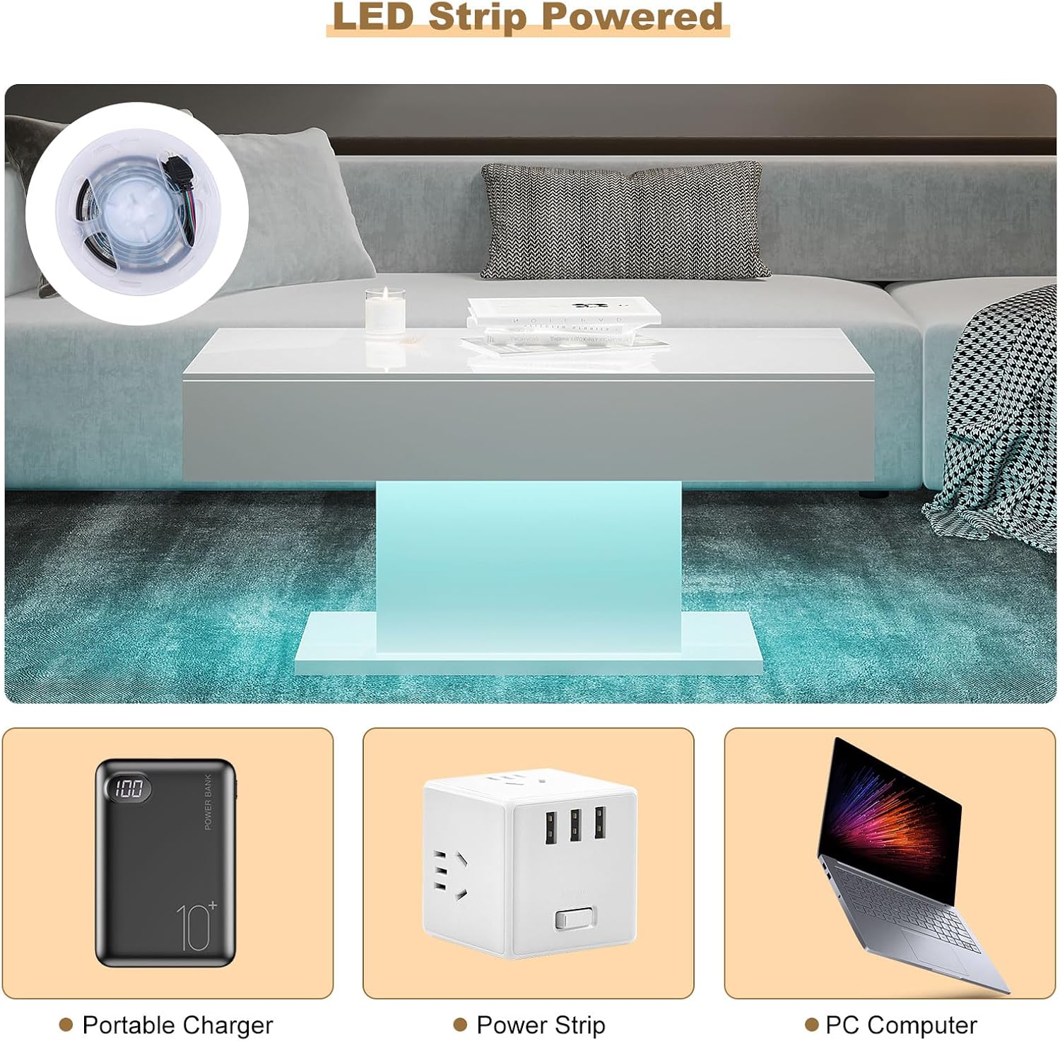 Led Coffee Table for Living Room, Living Room Table Rectangular Center Table, Modern High Glossy Wooden Coffee Tables with 16 Colors LED Lights for Dining Reception Room, White