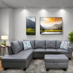 L Shaped Couch, Lounge Sectional Sofa with Chaise for Living Room, 6 Seat Modern Modular Couches with Movable Storage Ottoman, Black Grey