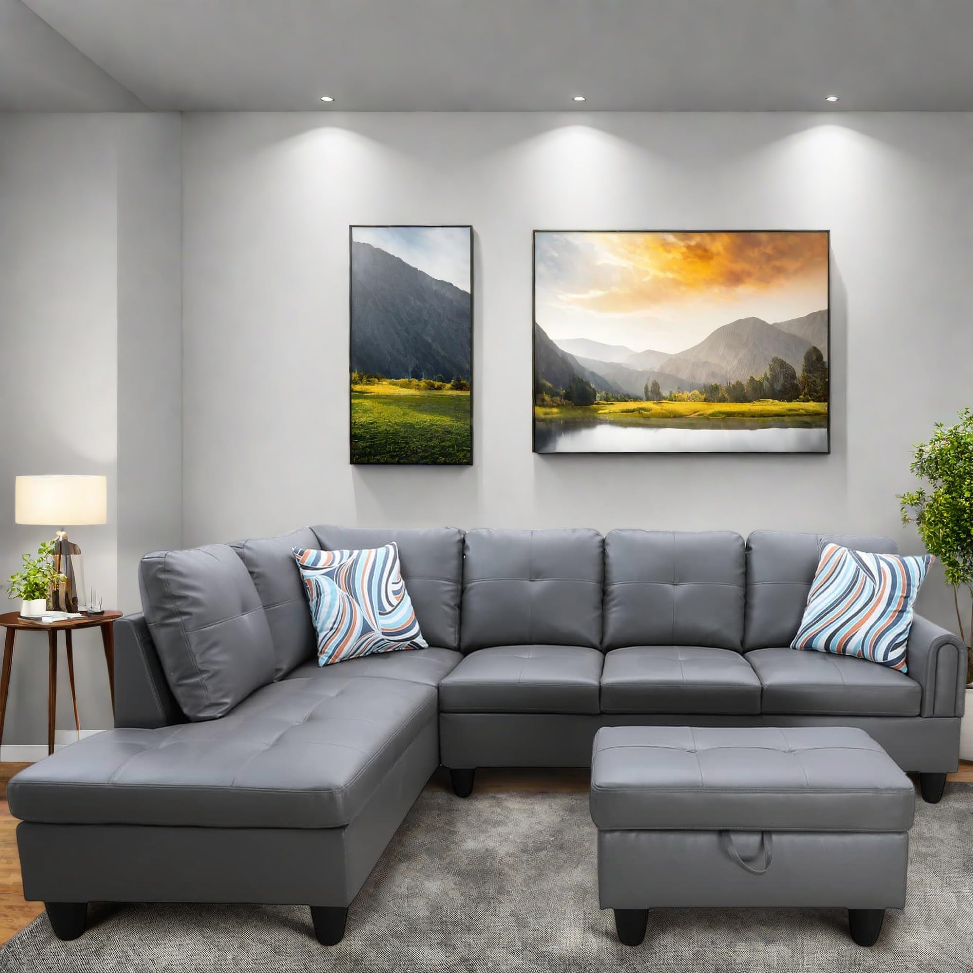 L Shaped Couch, Lounge Sectional Sofa with Chaise for Living Room, 6 Seat Modern Modular Couches with Movable Storage Ottoman, Black Grey