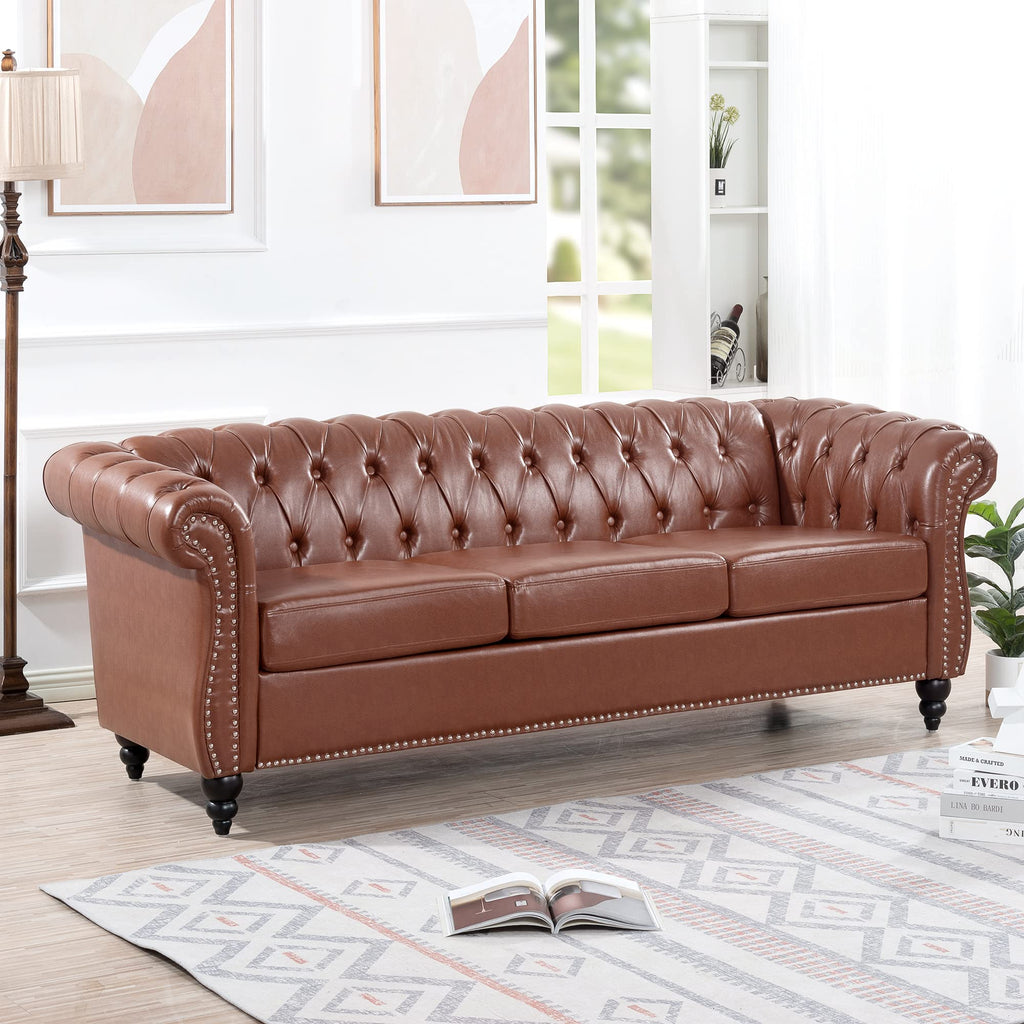 ERYE Clasic Chesterfield 3 Seaters Sofa Couch Luxury Roller Armrest,Special Soild Wood Legs, Linen Fabric Upholstered Button Tufted Sofa&Couch with Removable Cushions & Nailhead Decor