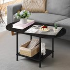 White Coffee Table for Living Room, Small Oval Coffee Table with Storage and Wood Tabletop, Mid Century Round Center Table for Small Space, Home Office