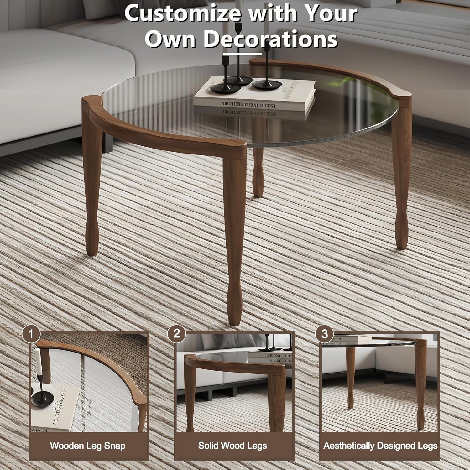 31.5" Round Glass Mid Century Modern Coffee Table with Wood Legs-Circle Tempered Glass Top Center Table, Unique Contemporary Center Table for Small Space