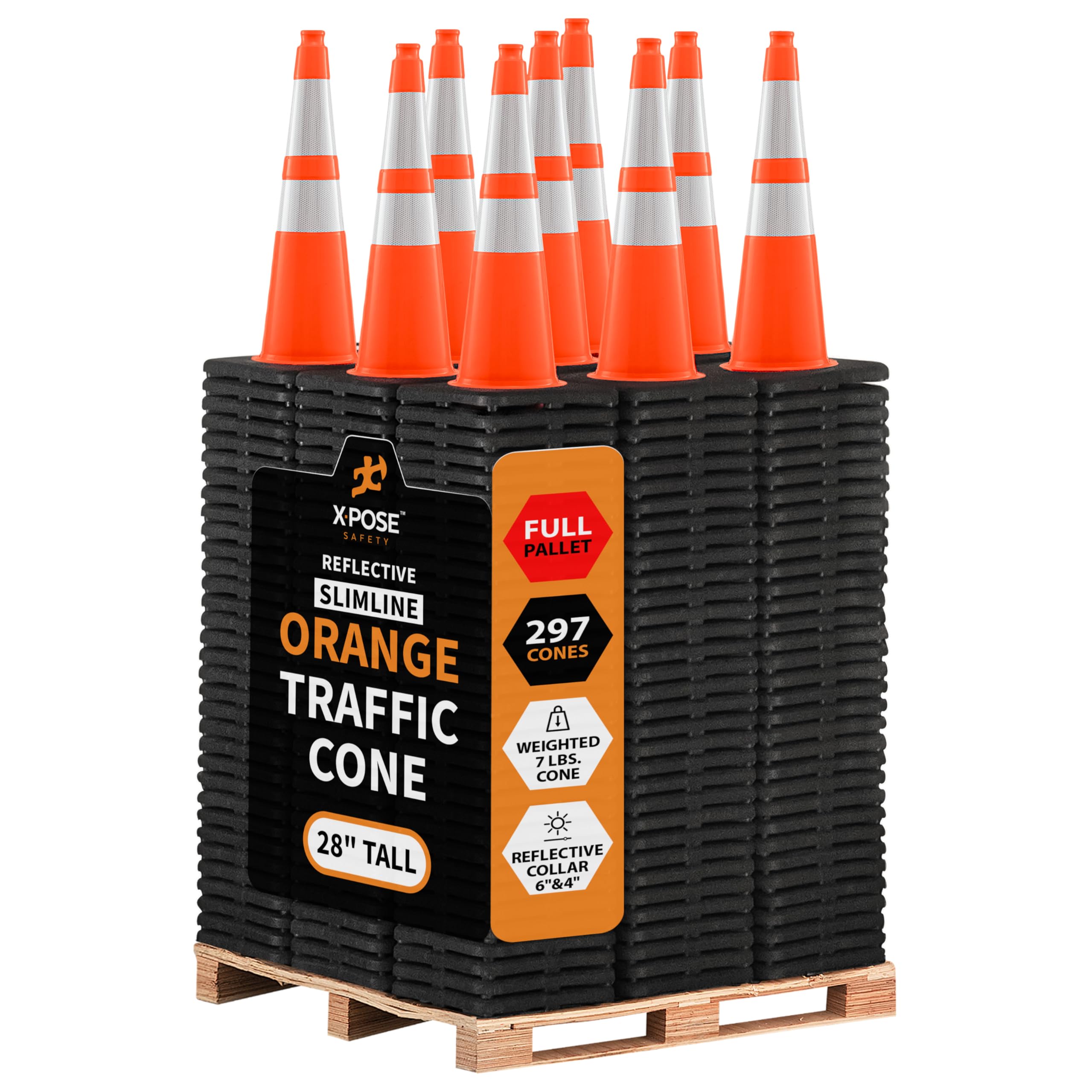 Xpose Safety 28 Inch Orange Slim Line Traffic Cones with 6" & 4" Collars, 24 Pack Multipurpose PVC Plastic Safety Cone for Parking, Soccer, Caution, Kids & Construction - DOT Approved
