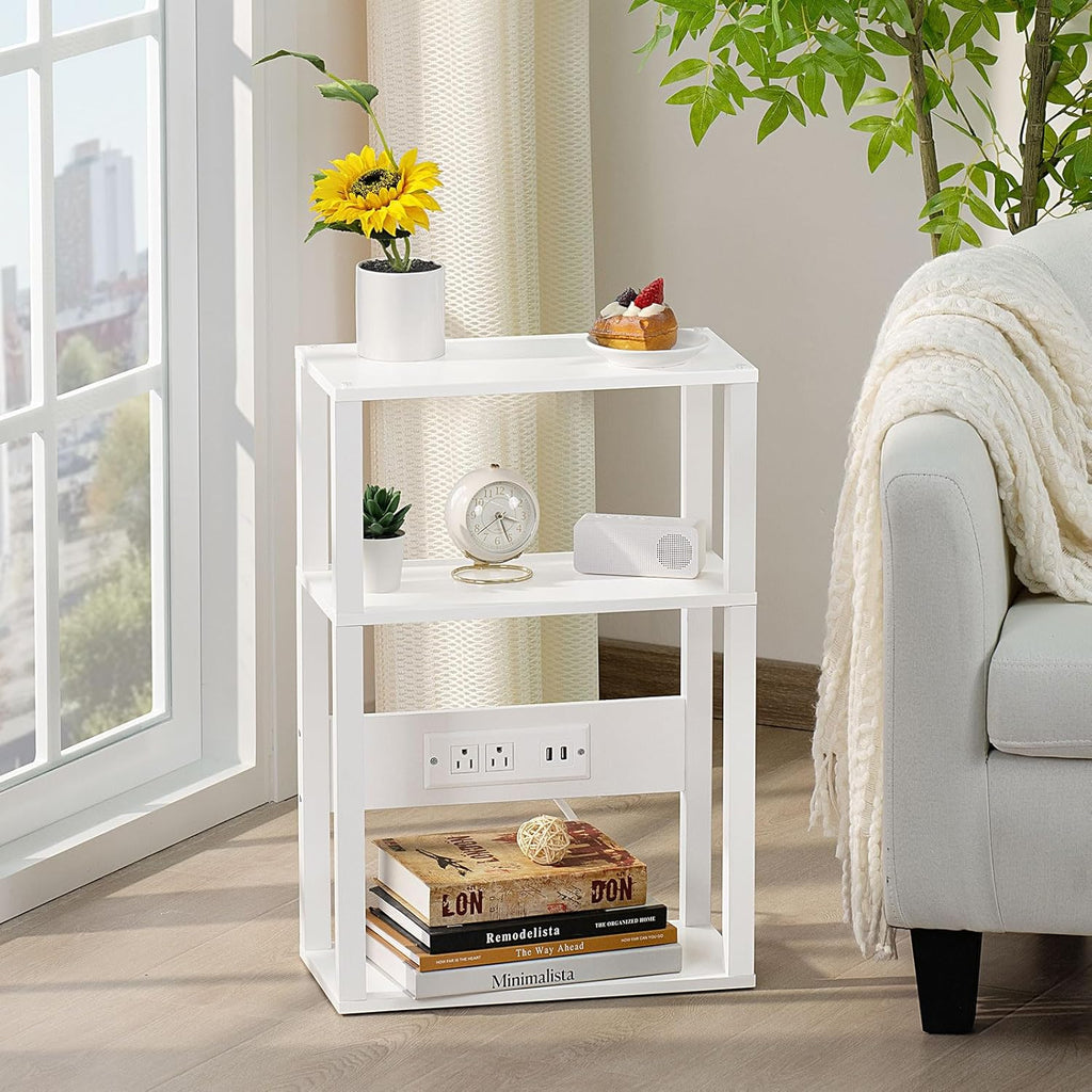 3-Tier Small Narrow Wood Side Table with Charging Station, Skinny Nightstand for Small Space, Slim Bedside Table with Storage for Couch, Thin End Table with USB Ports and Outlets, White