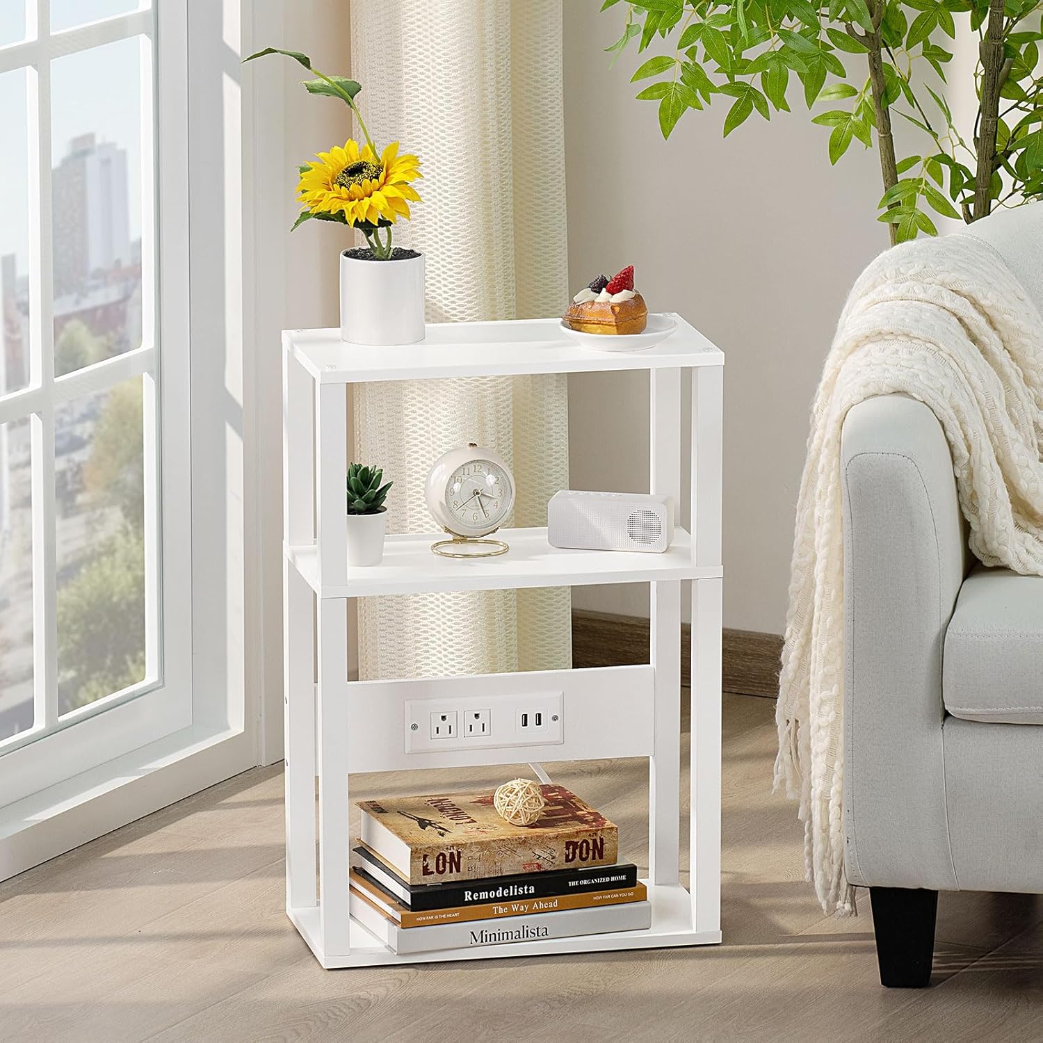 3-Tier Small Narrow Wood Side Table with Charging Station, Skinny Nightstand for Small Space, Slim Bedside Table with Storage for Couch, Thin End Table with USB Ports and Outlets, White