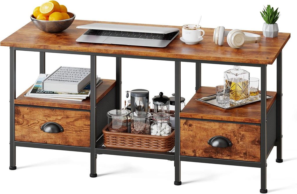 Furologee 35" Coffee Table with 2 Storage Drawers, Small Coffee Tables for Living Room, Industrial Center Table with 2 Tier Storage Shelf, Rustic Brown