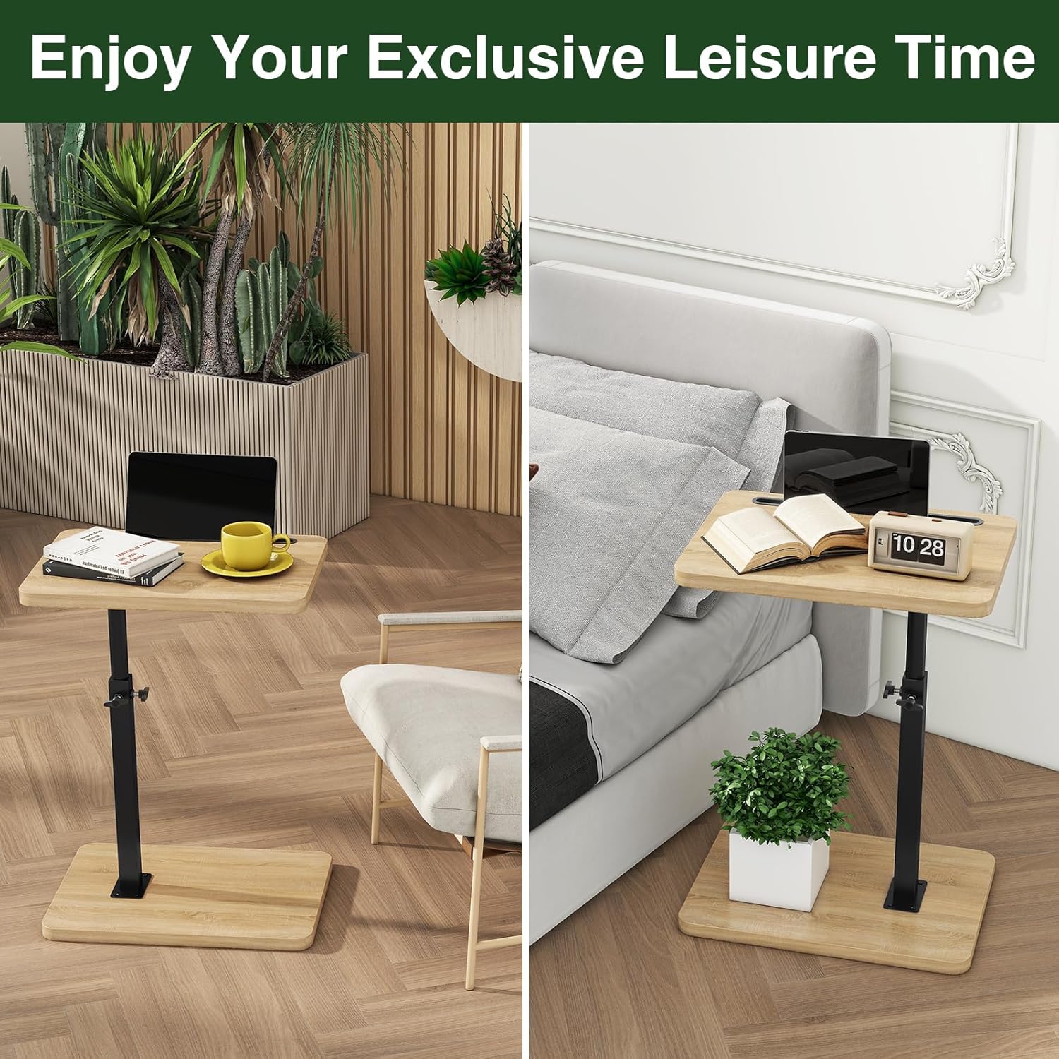 IBUYKE Tray Table for Couch, 360° Swivel Height Adjustable End Table for Small Spaces, with Phone & Tablet Slot, Modern Small Coffee Snack Table for Sofa/Bed, Natural UTVT003R