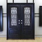 72" x 80" Environment Damage Resistant Polyurethane Composite Exterior Entry House Front Door, Wrought Iron Door w/Openable Tempered Rain Glass Window, Right-Hand Double Espresso