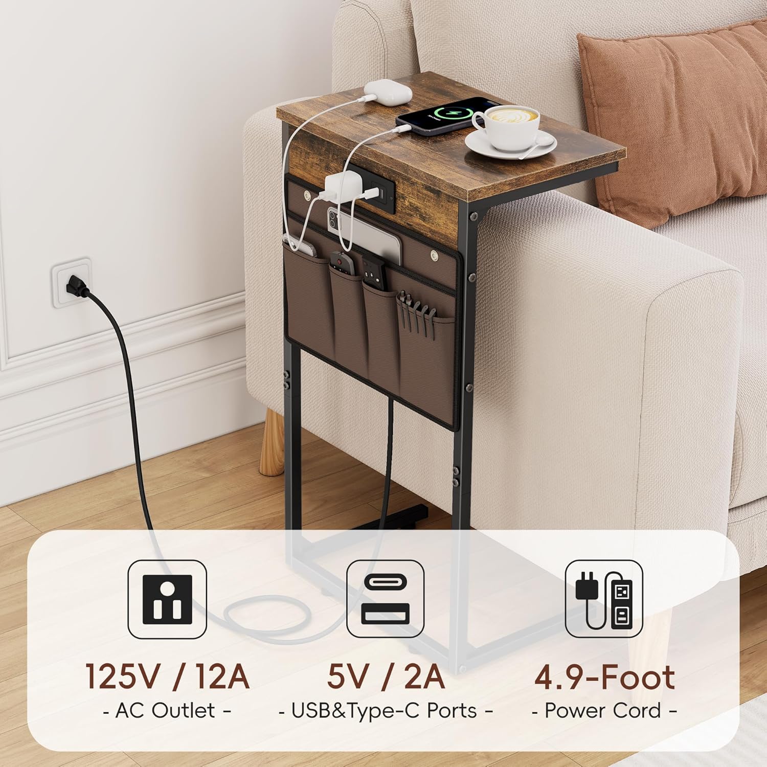 Vagusicc C Shaped End Table with Charging Station, 28" Tall Side Table for Couch, Sofa Table Small Couch Side Coffee Tables, Slide Under Sofa TV Tray Arm C Table for Living Room, Bedroom, Bedside