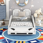 Lit plateforme en forme de voiture de course taille jumeau avec roues, blanc, Harper & Bright Designs