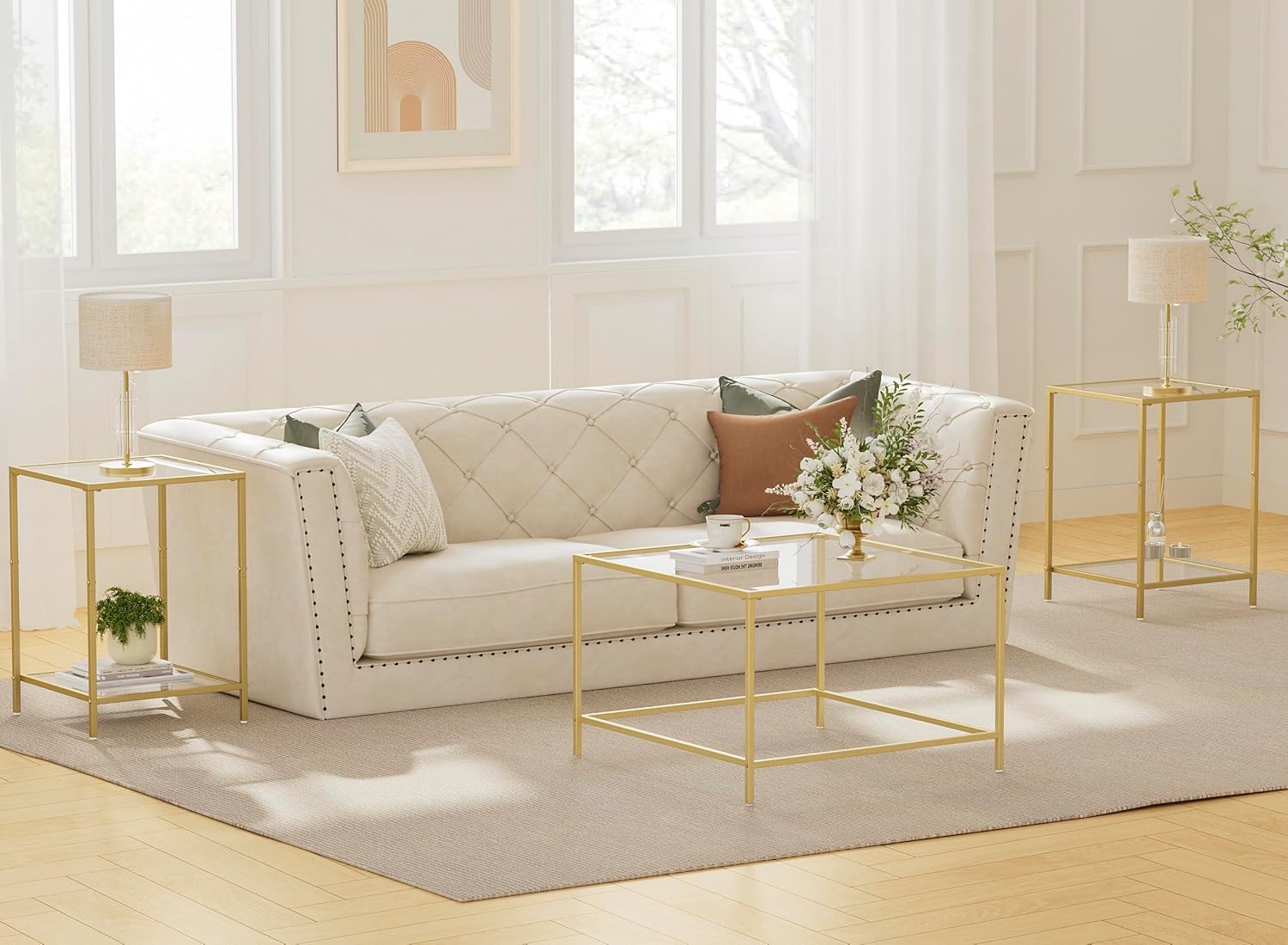 Glass Coffee Table, Modern Square Coffee Table for Living Room, Minimalist Center Tea Table with Sturdy Metal Frame for Apartment, Office, Easy Assembly, 27.6 x 27.6 x 17.7 Inches, Golden