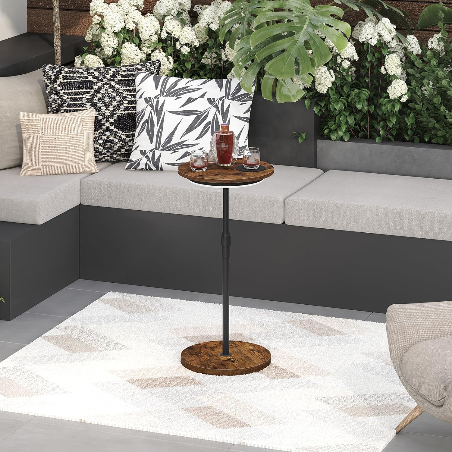 Set of 2 Small Round Side Table, Adjustable Height Drink Table, Pedestal Side Table with LED Light and Cup Mat, Coffee Martini Table, for Small Spaces, Rustic Brown and Black ETHR32E01S2