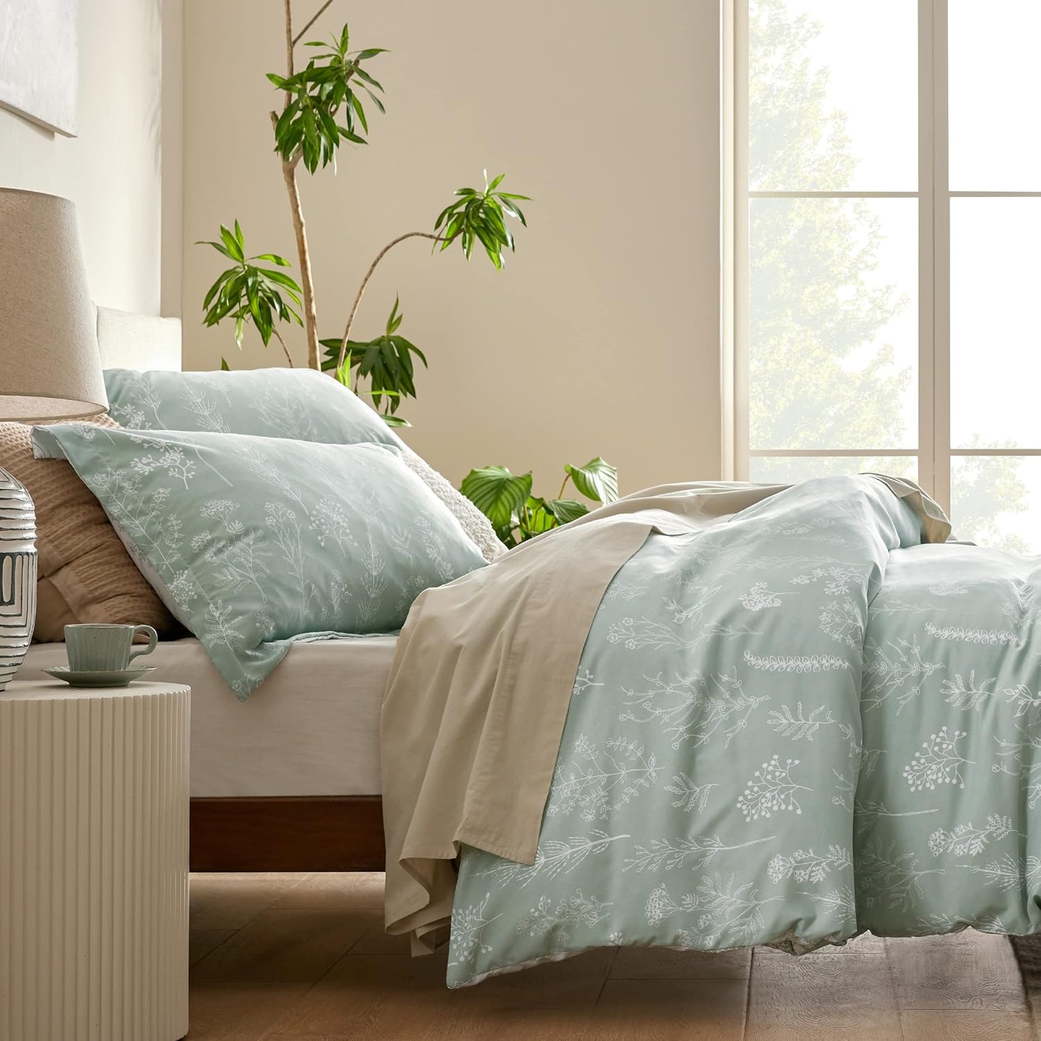 Bedsure 掛け布団カバー クイーンサイズ - リバーシブル花柄掛け布団カバーセット ジッパー付き グリーン寝具セット 3点セット 1枚の掛け布団カバー 90"x90" 8つのコーナータイ付き と 2つの枕カバー 20"x26"