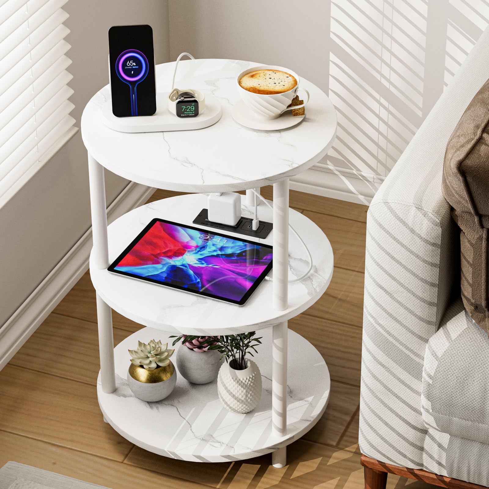 Small Round End Table - 3 Tier Design Accent Table, Narrow Side or Bedside Stand, Industrial Vintage Nightstand for Bedroom, Living Room, or Small Spaces, Rustic Brown