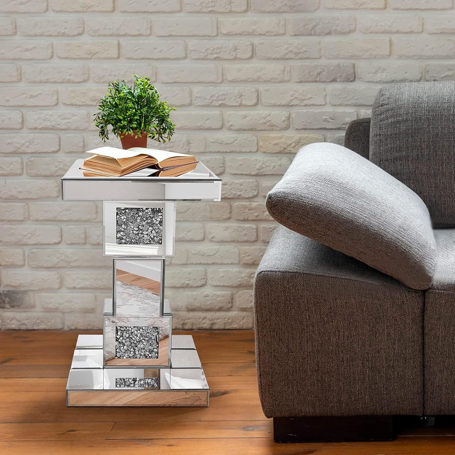 Silver Mirrored End Table With Crystal Inlay, Modern Side Table Accent Table, Square Small Coffee Table for Living Room, Bedroom