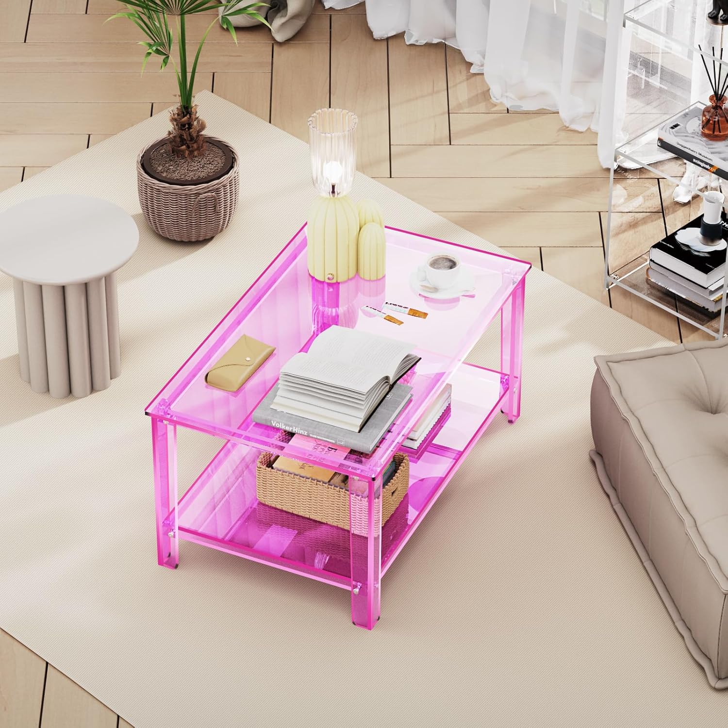 Acrylic Coffee Table with Storage Shelf,Rectangle Living Room 2-Tier Center Table for Small Spaces (Rectangle, Pink, Nomal)