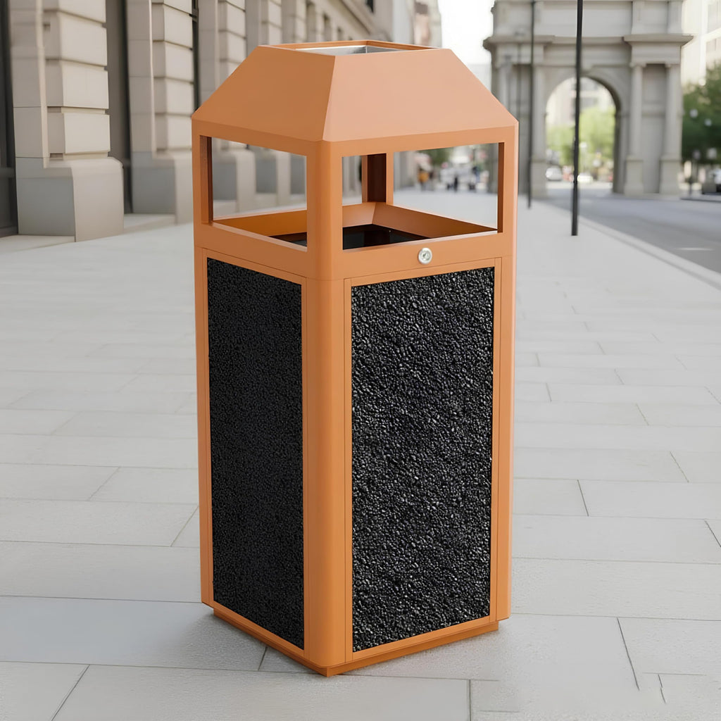Commercial Metal Outdoor Trash Can with Lid, Lockable Outdoor Garbage Can with Nature Stone Panels, Heavy-Duty Rustproof Trash Bin with Removable Liner for Parks & Public Spaces