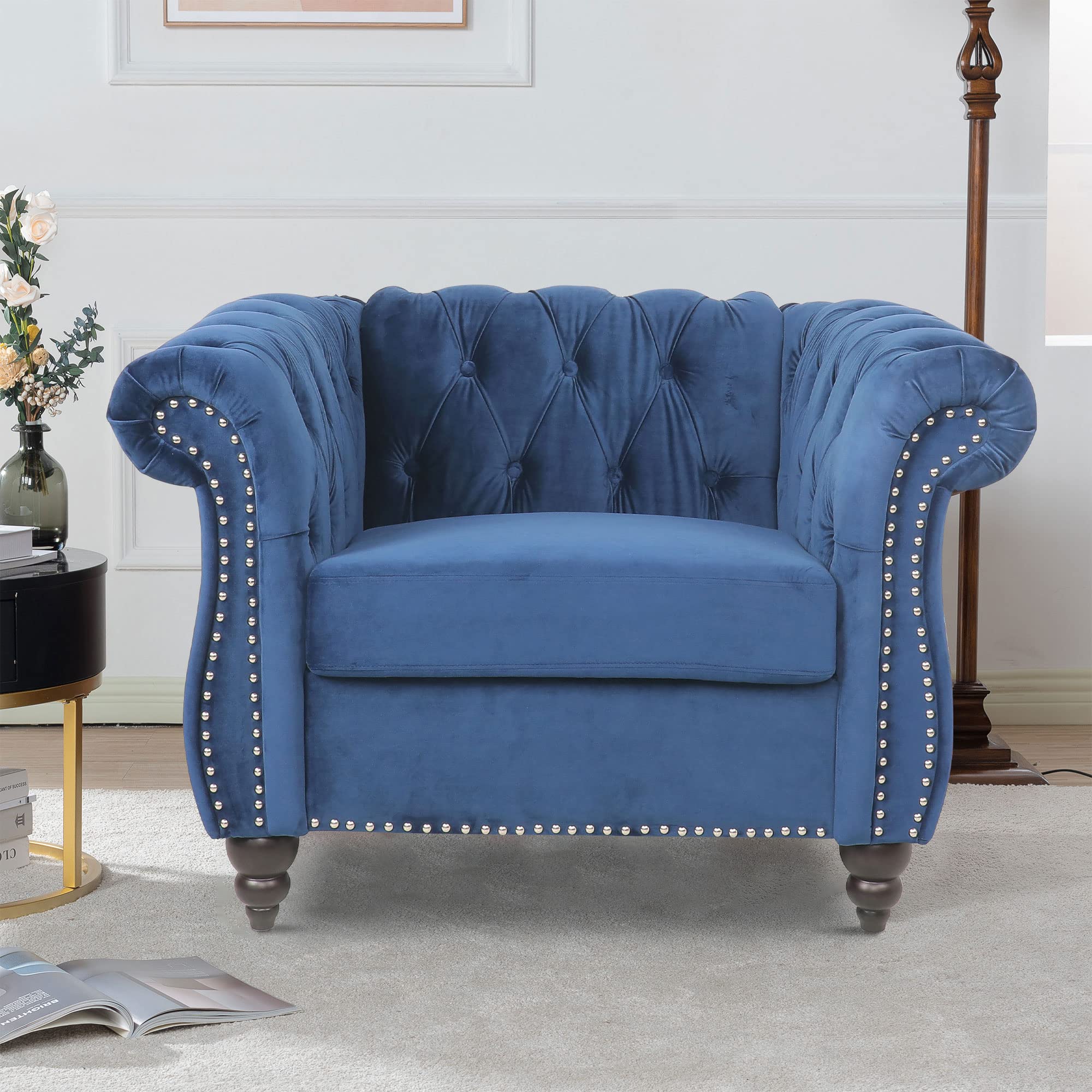 LEVNARY Three-Seat Velvet Sofa, Large Sofa Classic Tufted Chesterfield Settee Modern 3 Seater Couch Furniture Tufted Back for Living Room, Blue
