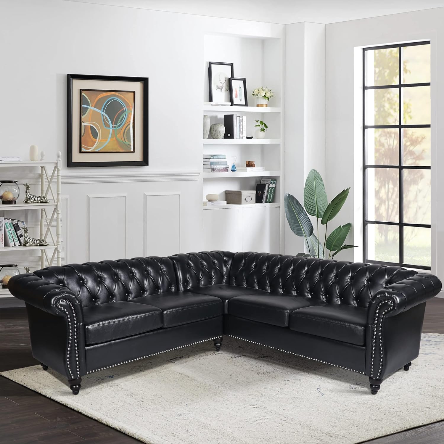 L Shaped Small Sectional Sofa, Chesterfield Leather Couch Tufted Accent Sofa with Scroll Arms and Nailhead for Living Room, Office