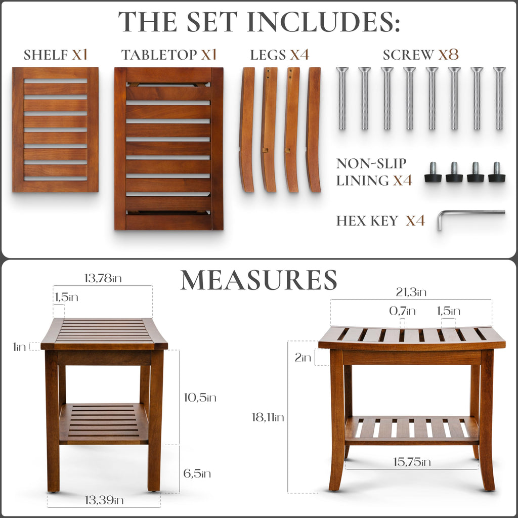 Teak Shower Bench with Storage Shelf, Shower Stool for Inside Shower, Waterproof Shower Bench Seat, Shower Chair for Inside Shower, Wood Bench, Bathroom Bench, Wooden Stool for Adults Sitting
