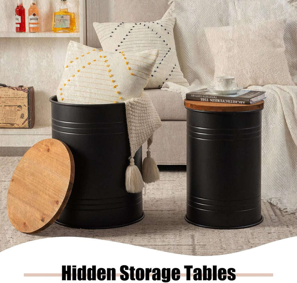 Poofzy Farmhouse End Tables Set of 2, Galvanized Metal Decor Side Table with Wood Lid, Coffee Table Storage Stool for Living Room (Black)