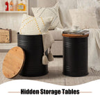 Poofzy Farmhouse End Tables Set of 2, Galvanized Metal Decor Side Table with Wood Lid, Coffee Table Storage Stool for Living Room (Black)