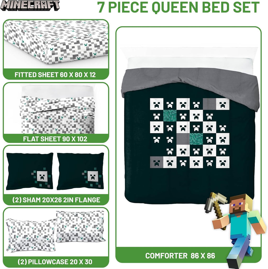 Jay Franco Minecraft Creeper Queen Comforter Set - 7 Piece Gamer Bedding Includes Sheet Set & Pillow Covers - Super Soft Checkered Bedding