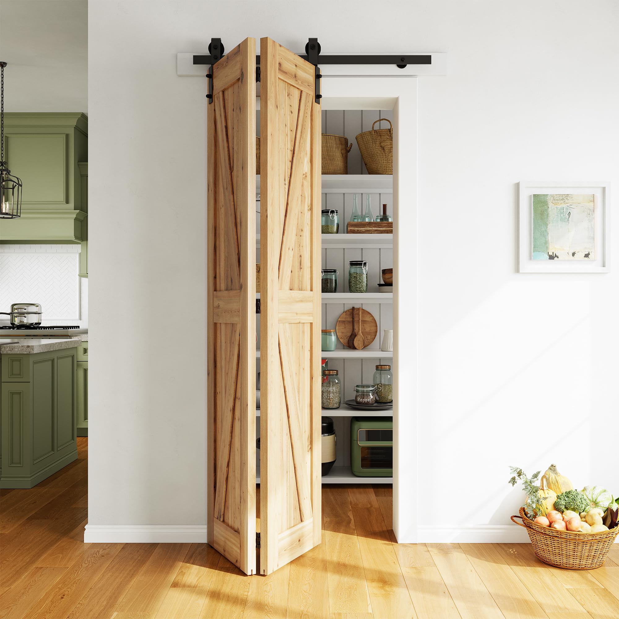 SMARTSTANDARD 3.3ft/40 Bi-Folding Sliding Barn Door Hardware Kit, Bifold Barn Door Hardware Heavy Duty Sturdy Side Mounted for 2 Doors -Smoothly and Quietly-Easy to Install, Fit 36'' Doors, No Doors