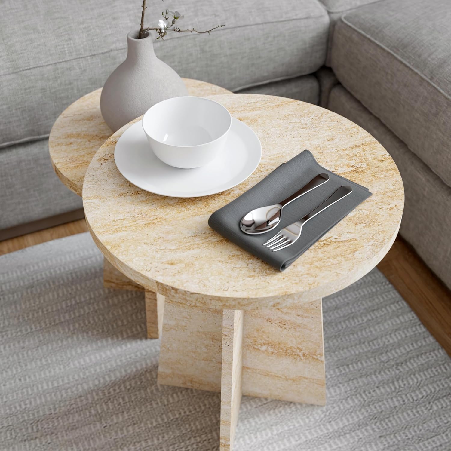 Travertine Efect Round Nesting Coffee Table Set of 2 Modern Coffee Table Small Side Table End Table for Living Room