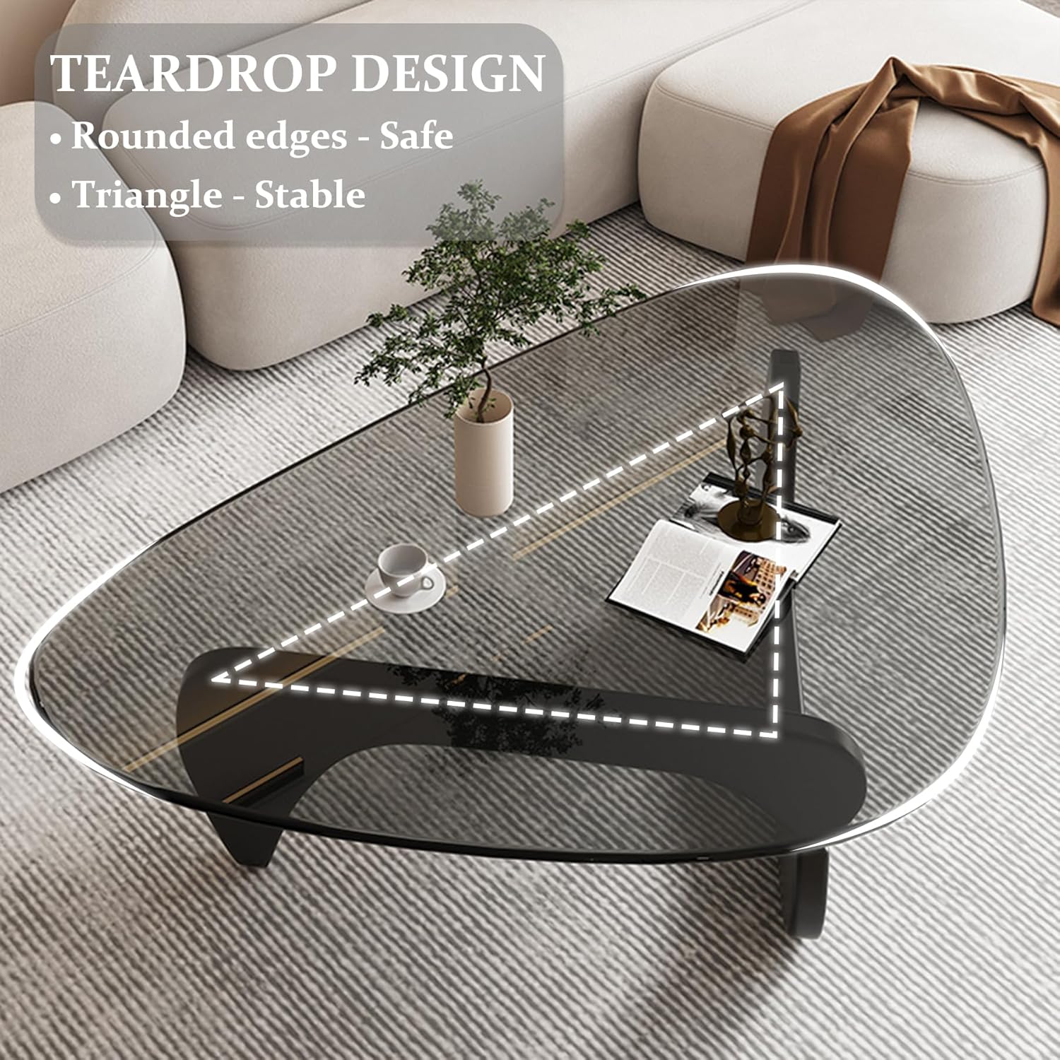 Triangle Glass Coffee Table-Mid-Century Modern End Table Solid Wood Base & Vintage Tempered Transparent Glass Top Coffee Tables Living Room Balcony (Black/Brown, Small 32.2 * 22.4 * 16in)