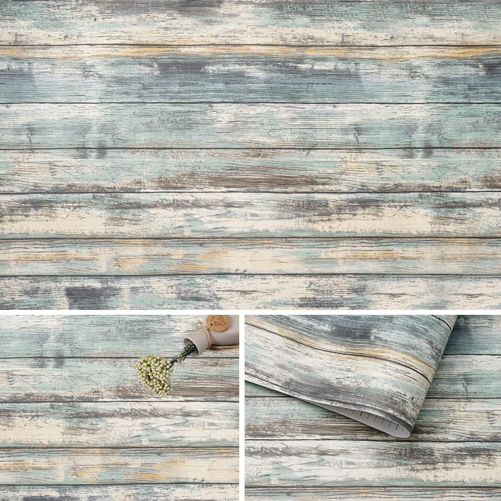 Arthome 17''x120'' Blue Rustic Wood Paper Self-Adhesive Removable Peel and Stick Wallpaper Vinyl Decorative Wood Plank Film Vintage Wall Covering for Furniture Easy to Clean Wooden Grain Paper