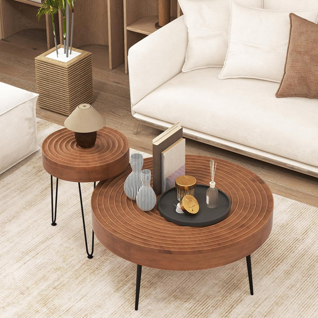 Giantex Boho Round Coffee Table Set of 2, Sofa Side Nesting Table with Solid Pine Wood Top, Metal Legs & Adjustable Foot Pads, 31.5" D Large Table Set for Living Room (Ring Pattern, Brown)