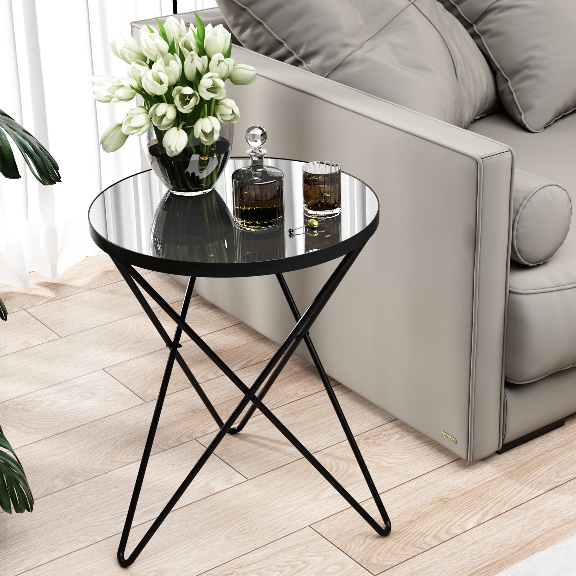 HLR Modern Round Side Table, End Table with Marble Effect Top and Gold Metal Frame, Small Side Table for Living Room, Bedroom, Sofa and Couch, Gold Legs, Green Marble top
