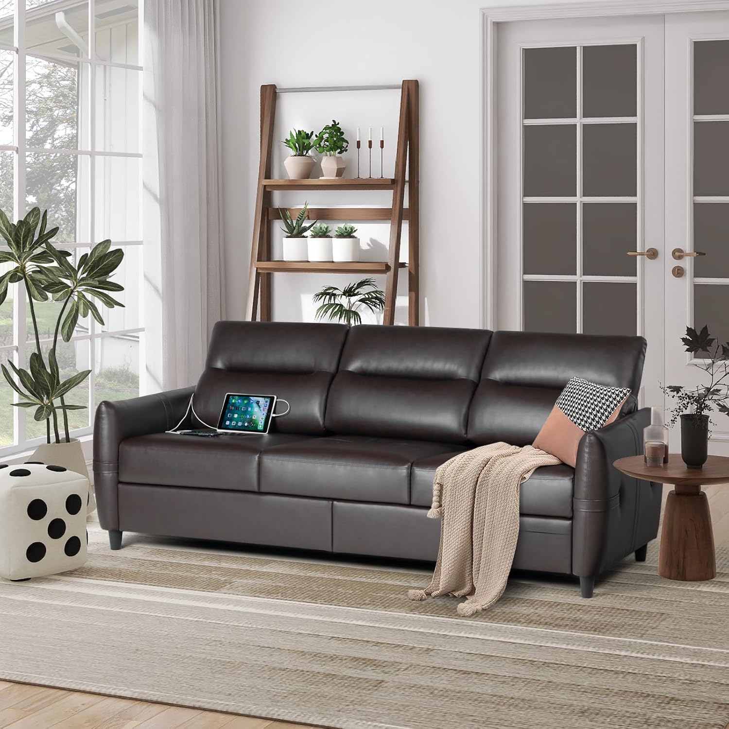 STHOUYN 85” Faux Leather Sofa Brown Leather Couch with USB, Mid Century Modern 3 Seater Couches Sofas Living Room Apartment, Large Office Sofa Couch, Stain Resistant & 3 Tufted Cushion (Brown)